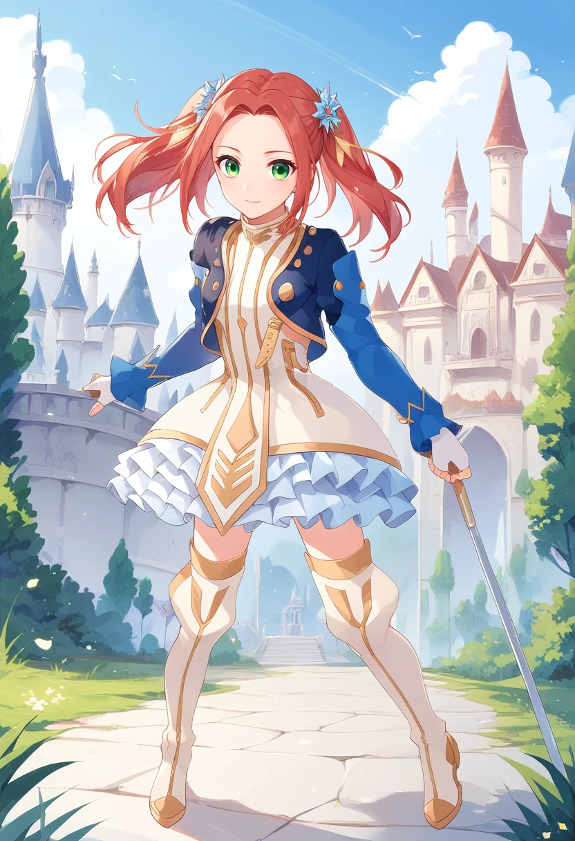 score_9, score_8_up, score_7_up,  eleanor hume, green eyes, smile, twintails, short dress, red hair, hair ornament, thigh boots, cropped jacket, frills, fingerless gloves, full body, castle,  <lora:Eleanor_Hume_Pony:1>