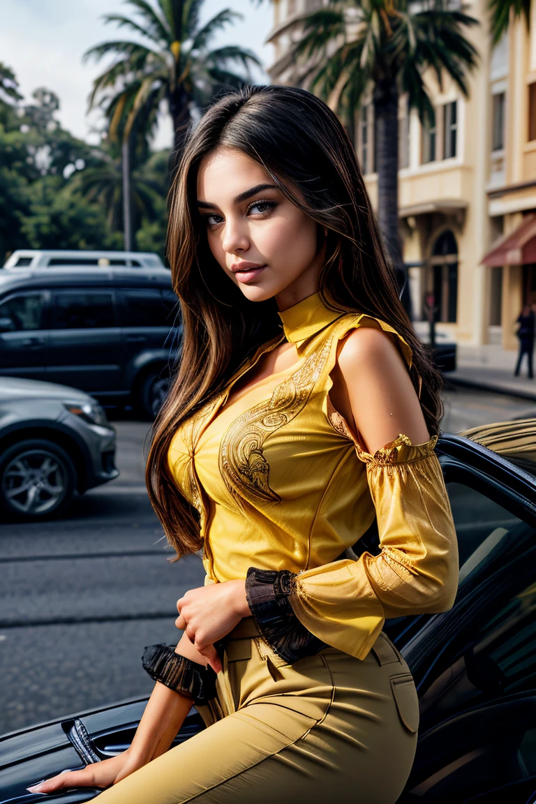 super detailed face super big red lips UHD tight yellow dress super deep cleavage sexy outfit Lamborghini car sunny da