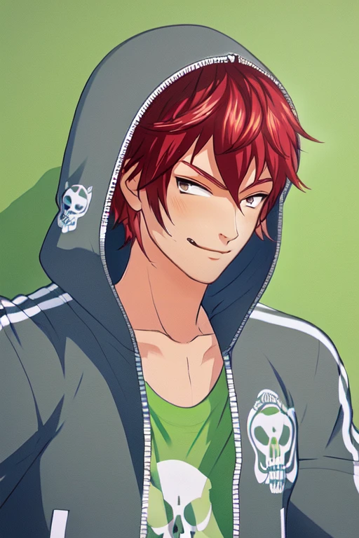 (masterpiece),(best_quality),1boy,Rasetsuten,smirk,grey hood,open jacket,green t-shirt,skull print,collarbone,<lora:Rasetsuten:1>,