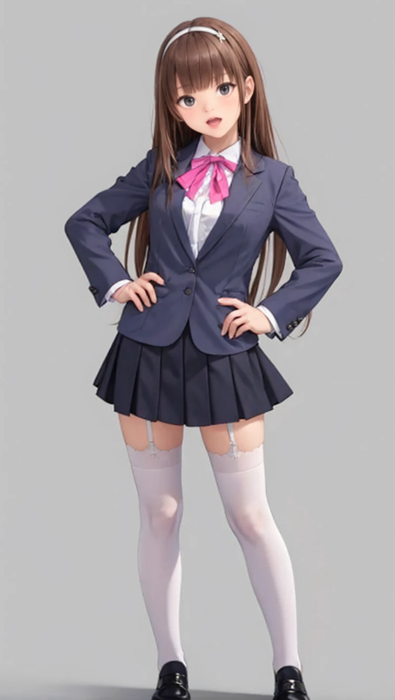 masterpiece, best quality,
<lora:exorcistcharlotte:0.55>
mizukikonoe, solo, looking at viewer, open mouth, simple background, thighhighs, school uniform, standing, full body, white shirt, pleated skirt, black skirt, grey background, black footwear, white thighhighs, hand on hip, garter straps, blazer, loafers, pink bowtie, collared shirt, hair ornament, cross