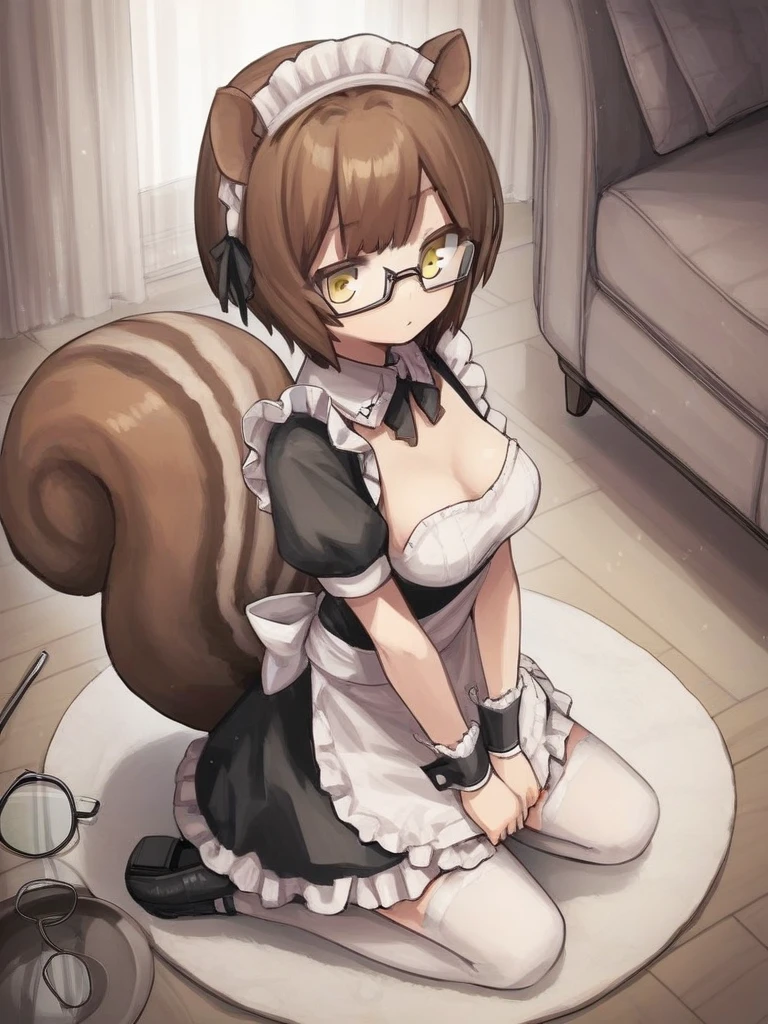 <lora:Neoki_Ohae_Nekos-PonyXL-1024px:0.9>
score_5, score_6,
1girl, solo, kneeling, wearing (maid_outfit, maid_headdress, bowtie, detached cuffs, glasses), short puffy sleeves, brown hair, yellow eyes, squirrel ears, squirrel_tail , breasts, indoors