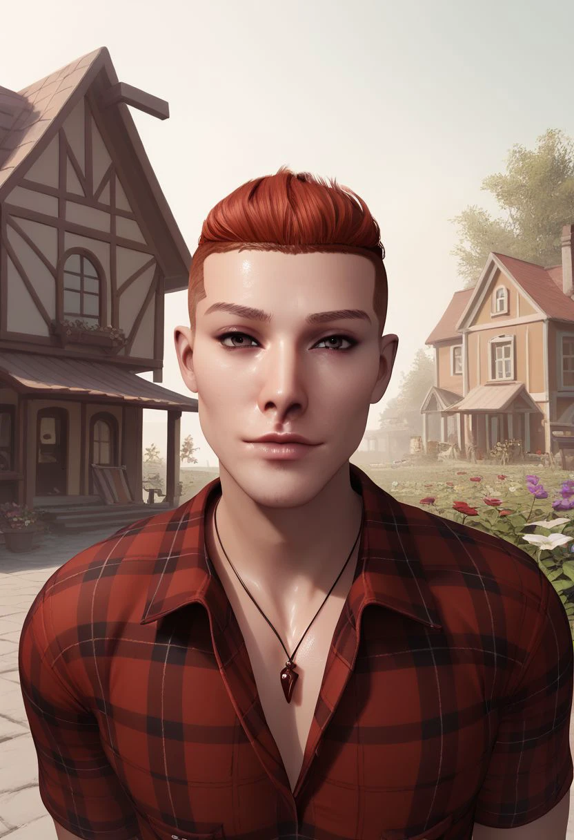 rpskxzt, solo, 1boy, male focus, tree, shirt, red hair, flower, jewelry, realistic, looking at viewer, necklace, house, outdoors, red shirt, plaid, plaid shirt, upper body, building, sidelighting, shiny skin, gossamer, natural lighting, score_9, score_8_up, score_7_up, score_6_up, score_5_up, score_4_up