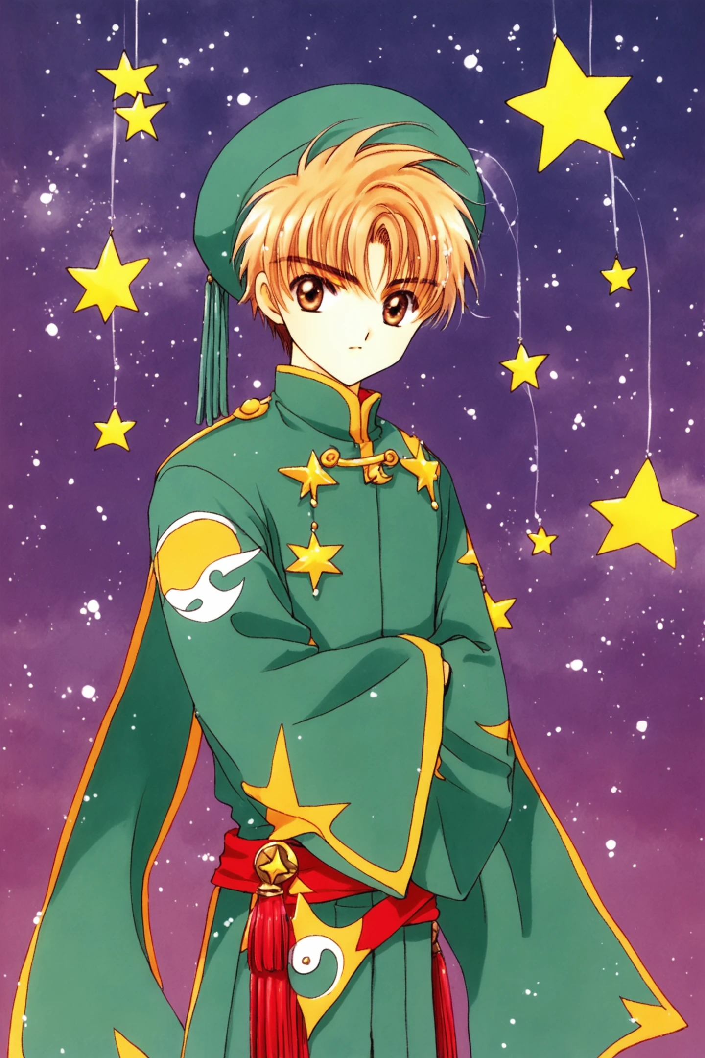 Li Syaoran,1990s (style),star (symbol),retro artstyle,hat,1boy,long sleeves,looking at viewer,male ,solo,wide sleeves,male focus,brown hair,green headwear,standing,brown eyes,yin yang,bangs,short hair,closed mouth,starry background,tassel,star (sky),weapon,hands in opposite sleeves,cowboy shot,sky,crossed arms,score_9,score_8_up,<lora:Card Captor Sakura_XL_PONY:0.8>,