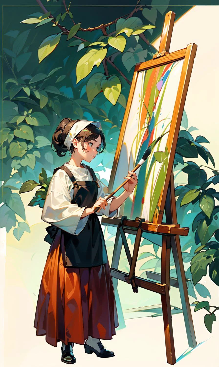 (Masterpiece:1.2), (best quality:1.2), (super high resolution:1.2), A painter in a long skirt, vintage clothing, headscarf, apron is painting in a peaceful garden, holding a brush and paint tray, easel, flowers and leaves , Bushes, vines, meadows, forests, conglin, <lora:flowers_in_moon:0.8>