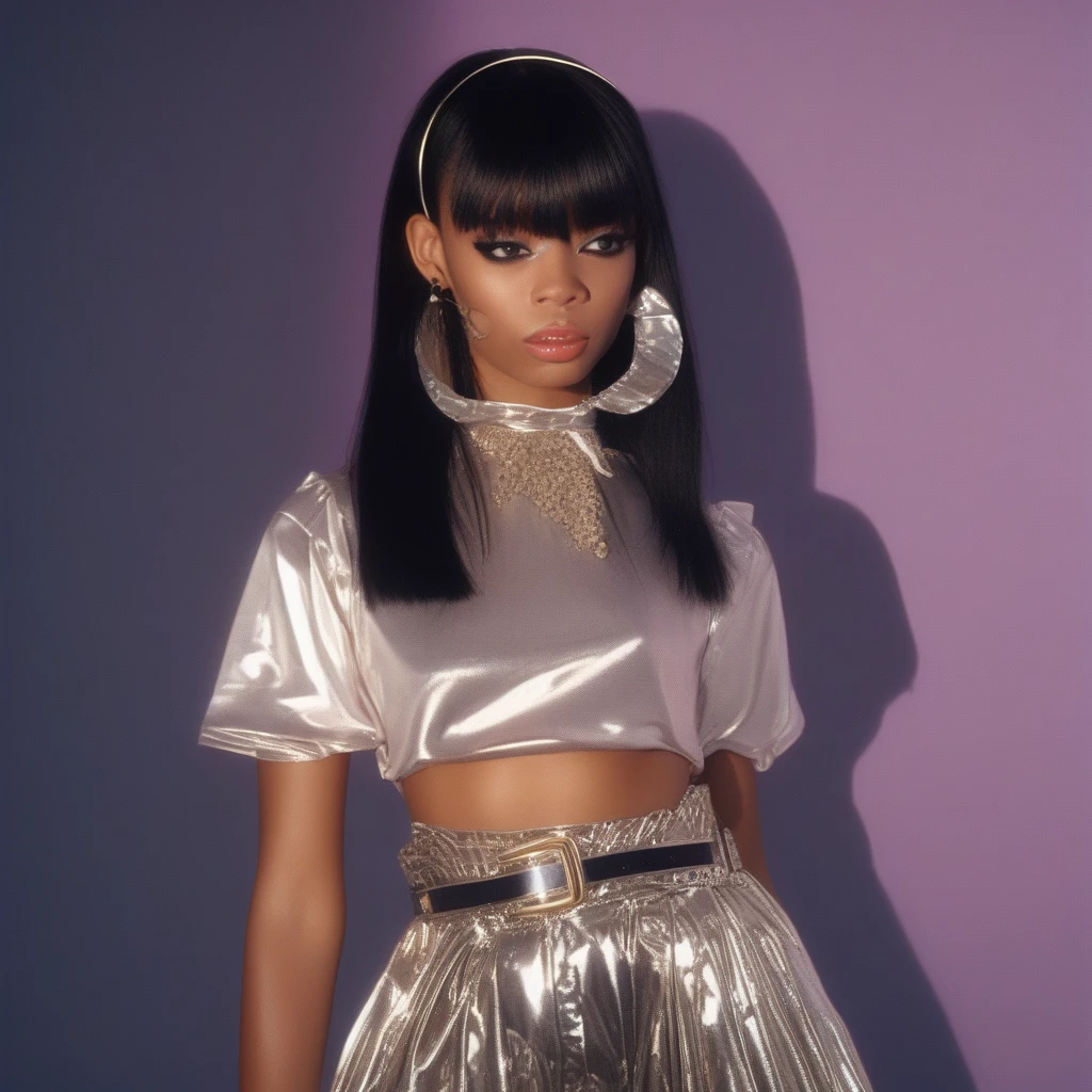 glint, blunt bangs, necktie, web address, midriff, hoop earrings, solo, high heels, belt