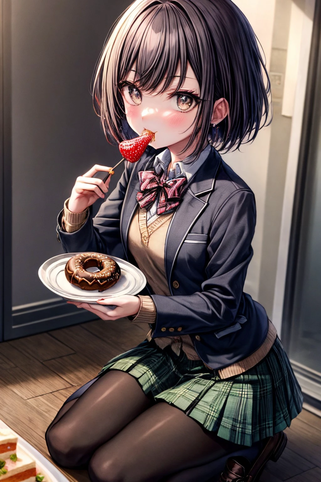 (masterpiece), best quality, expressive eyes, perfect face, enanan, looking at viewer, blush, skirt, shirt, long sleeves, bow, holding, school uniform, jacket, full body, white shirt, heart, pantyhose, pleated skirt, food, open clothes, shoes, striped, collared shirt, bowtie, orange hair, red bow, open jacket, blue skirt, plaid, fruit, plaid skirt, brown footwear, eating, blazer, cardigan, holding food, green skirt, loafers, cake, striped bow, chocolate, green jacket, strawberry, doughnut, cookie, sweets, marshmallow, <lora:more_details:0.7>, <lora:1f65056e-d7f1-44bc-b9cc-c376670e3fc0:0.7>, <lora:GoodHands-beta2:0.7>