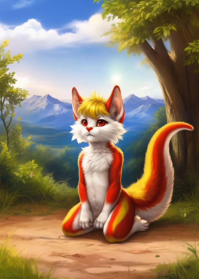 <lora:SnarfCatOsbertYIf:1> SnarfCatOsbertYIf, Snarf, big tail, red eyes, red nose,  furry, [road, earth, forest, trees, sky, clouds, mountains,]  solo, 
 looking at viewer, to his full height, (beautiful, aesthetic, perfect, delicate, intricate, masterpiece, ) (kneeling on one leg)
[by kenket|by totesfleisch8], by thebigslick:by silverfox5213:0.8], [by syuro, by paloma-paloma::0.2, (Tricksta, TotesFleisch8)