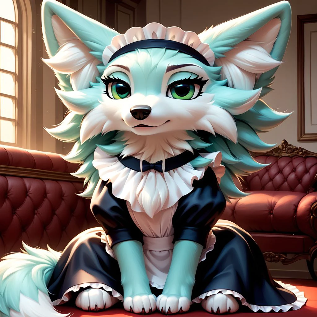 anthro, solo, feral, female, canid, wolf, (female_adult_wolf), white fur, clothes, sitting, wearing maid costumes, fluffy fur, big rgreen eyes, (narrowed eyes), big wolf tail, big wolf ears, inside the mansion, score_9_up, score_8_up, score_7_up, source_anime