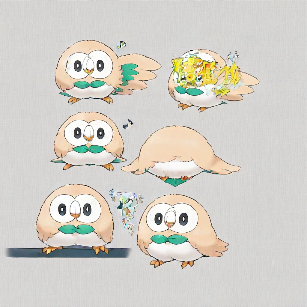 standing, hat, animal focus, pokemon (creature), baseball cap, looking at viewer, solo, talons, no humans, musical note, owl, multiple views