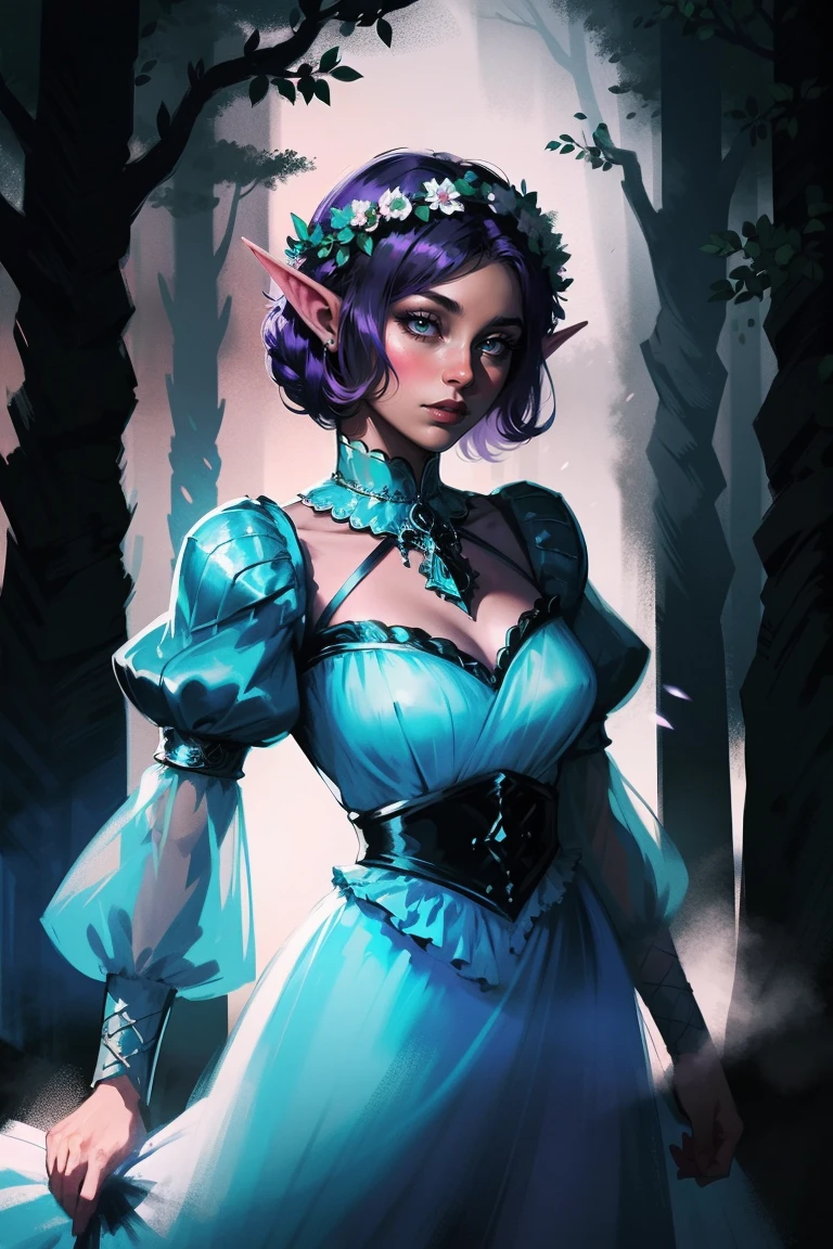 cowboy shot of beautiful elf queen, purple hair, ornate cyan dress with puffy sleeves, see-through sleeves, head wreath, particles, dark forest, night, fog, <lora:sxz-reeves-x:0.8>  solid black, solid red, reflective, hard light, color contrast,