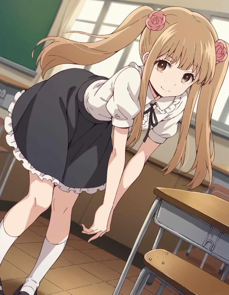 score_9, score_8_up, score_7_up, source_anime,
norikokamomebata, <lora:noriko-kamomebata-s1-ponyxl-lora-nochekaiser:1>,
noriko kamomebata, long hair, blonde hair, brown hair, hair ornament, twintails, brown eyes, flower, hair flower,
skirt, shirt, ribbon, short sleeves, frills, shoes, socks, puffy sleeves, black skirt, neck ribbon, white socks, mary janes, frilled socks,
indoors, classroom, bent over, smile,
looking at viewer, cowboy shot, dutch angle, solo,