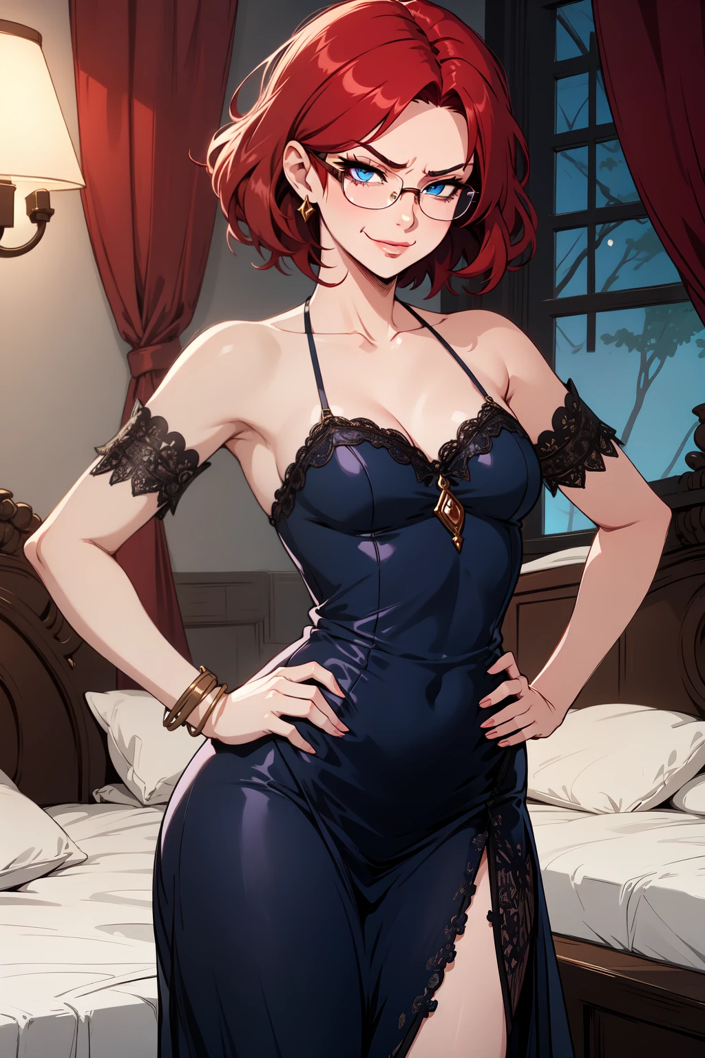 best quality, detailed, sfw, cute, 1 girl, milf, mature female, small breasts, intricate jewelry dress, glasses, bare shoulders, collarbone, hands on own hips, short red hair, blue eyes, eyelashes, smirk, annoyed, fantasy, bedroom,