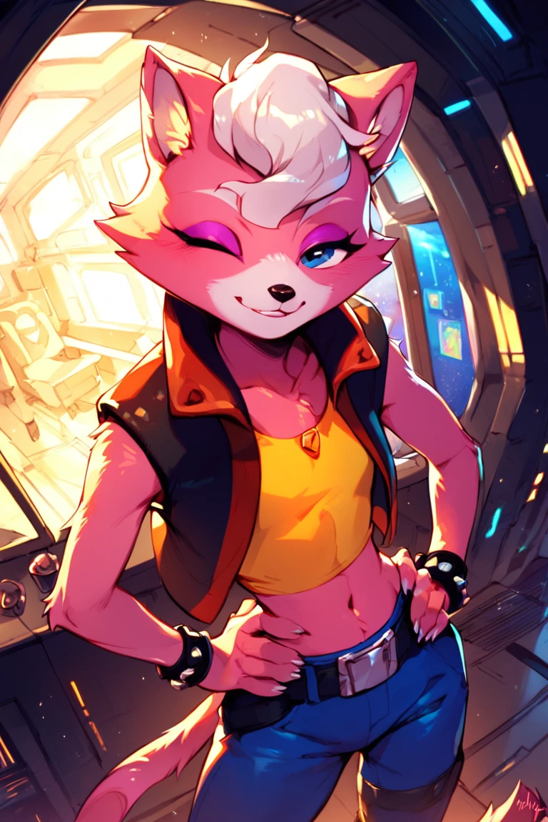 score_9, score_8_up, score_7_up<lora:Katt_Monroe_Starfox:1>, Katt monroe, furry, in spaceship,  standing, wink, seductive smile, hands on own hips