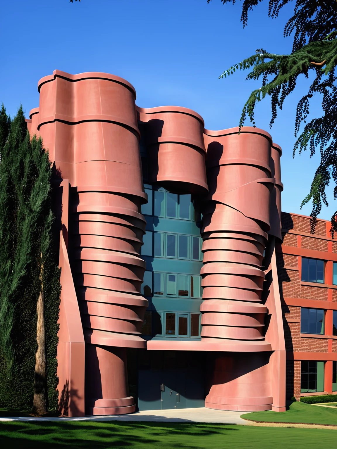 <lora:JJsPostmodernArchitecture_XL:1>, ((Postmodern Architecture)), , ((masterpiece)), ((best quality)), real world location, realistic, high detailed, (outdoor) , no human, ((building)), wall, tree,