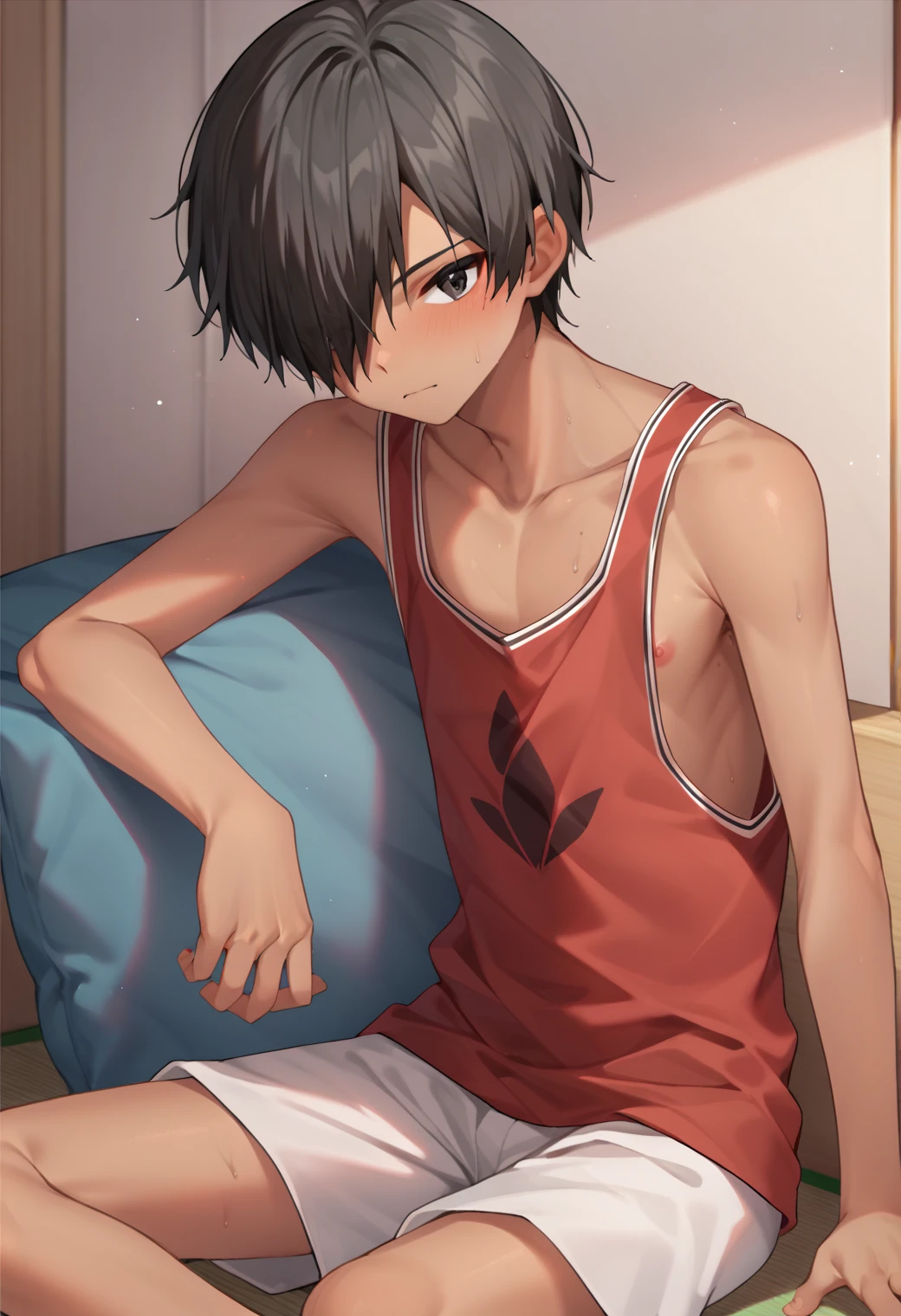 score_9_up, score_8_up, score_7_up, score_6_up, score_9, cute, 1boy, kazuma ikezawa, black hair, black eyes, red tank top, white shorts, hair over one eye, best quality, amazing quality, best aesthetic, absurdres ,source_anime, source_, score_5_up, score_4_up<lora:EMS-361293-EMS:1.000000>