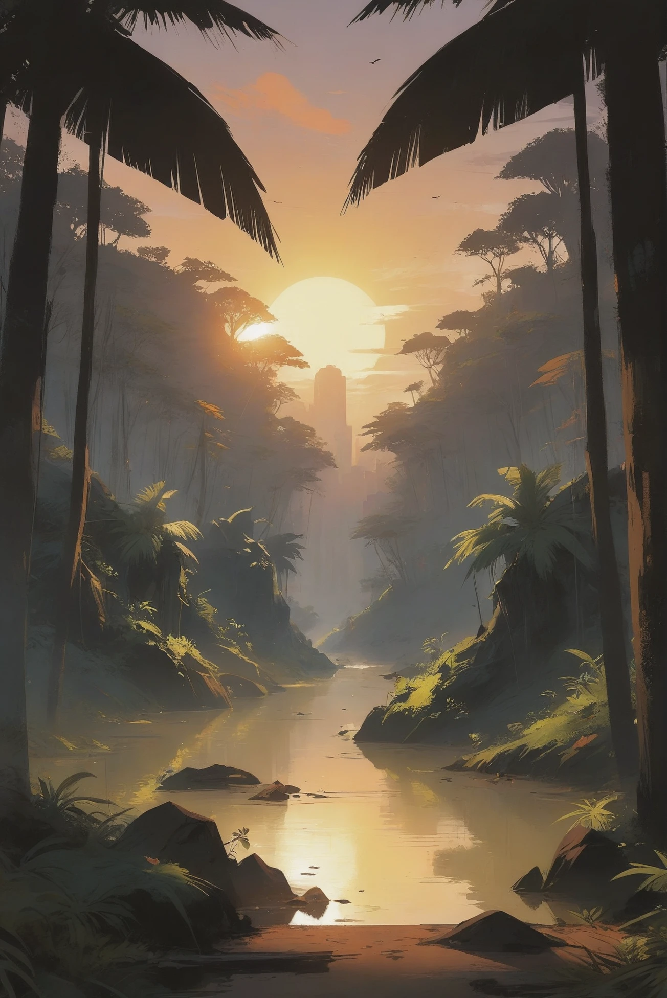 anime style, golden hour, scenery, in a dilapidated Subtropical Rainforest<lora:EnvyStarlightMoodyAnime01:1>