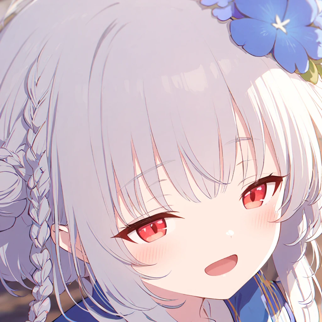 1girl, bangs, blue bow, blue flower, blurry, blurry background, blurry foreground, blush, bow, braid, depth of field, eyebrows visible through hair, flower, hair between eyes, hair ornament, looking at viewer, motion blur, open mouth, red eyes, solo, virtual youtuber, white flower,<lora:hennnachoco face XL-v1:1>