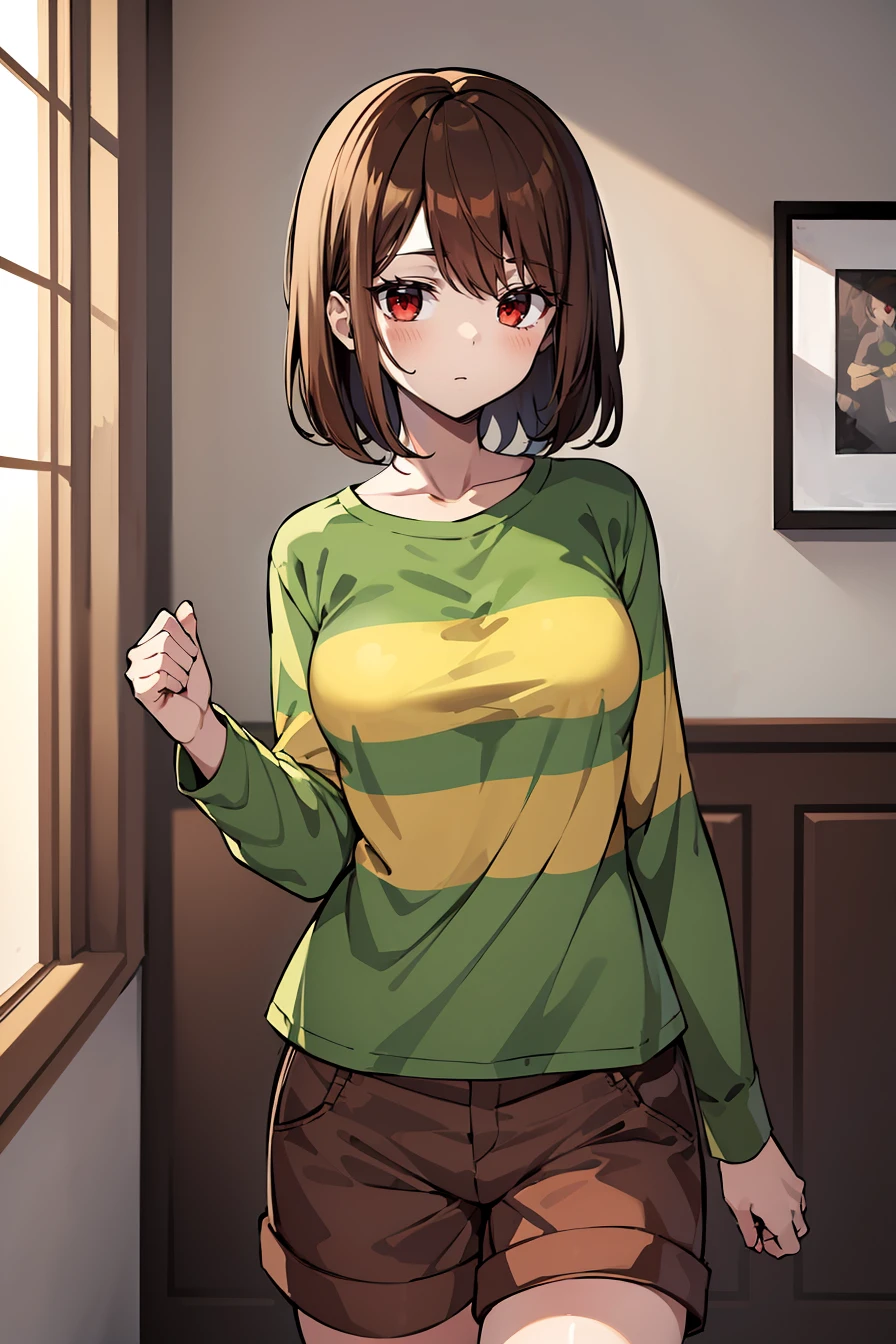 (masterpiece, best quality), 1girl, (solo), looking at viewer,
<lora:Ashiomi-Masato-v1:0.4> 
<lora:Chara anything45pruned22r60r:0.6> chara, shorts, shirt, brown hair, solo, striped, brown shorts, long sleeves, green shirt, striped shirt, red eyes, breasts,