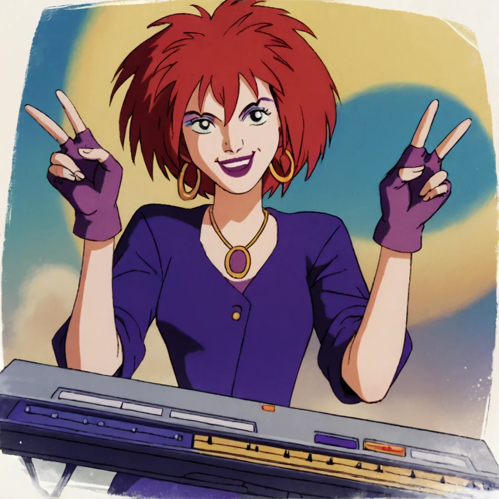 source_cartoon,
1girl,solo,cowboy shot,<lora:HexGirlsV1:1>,luna(character),keyboard \(instrument\),short hair,red hair,fingerless gloves,makeup,hoop earrings,purple lips,purple dress, 1980s \(style\), 
looking at viewer,hands up,V,smile,, (score_9,score_8_up,score_7_up), anime style, beautiful detailed skin, beautiful eyes, detailed face, best quality, high quality,