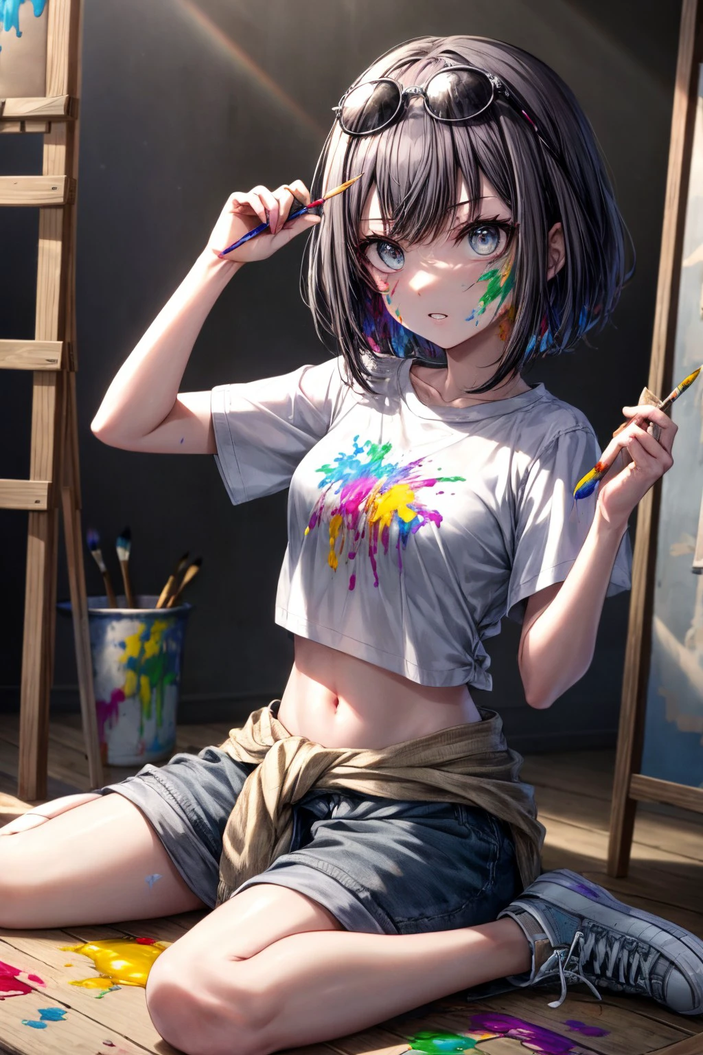 (masterpiece), best quality, expressive eyes, perfect face, enanan, shirt, navel, holding, sitting, white shirt, short sleeves, parted lips, shoes, midriff, pants, indoors, arm up, crop top, wariza, sneakers, eyewear on head, paintbrush, clothes around waist, colorful, painting (object), paint splatter, paint, holding paintbrush, painting (action), canvas (object), easel, paint splatter on face, <lora:1f65056e-d7f1-44bc-b9cc-c376670e3fc0:0.7>, <lora:more_details:0.7>, <lora:GoodHands-beta2:0.7>