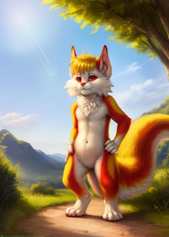 <lora:SnarfCatOsbertYIf:1> SnarfCatOsbertYIf, Snarf, big tail, red eyes, red nose,  furry, [road, earth, forest, trees, sky, clouds, mountains,]  solo, 
 looking at viewer, to his full height, (beautiful, aesthetic, perfect, delicate, intricate, masterpiece, ) (Hands on hips, standing,)
[by kenket|by totesfleisch8], by thebigslick:by silverfox5213:0.8], [by syuro, by paloma-paloma::0.2, (Tricksta, TotesFleisch8)