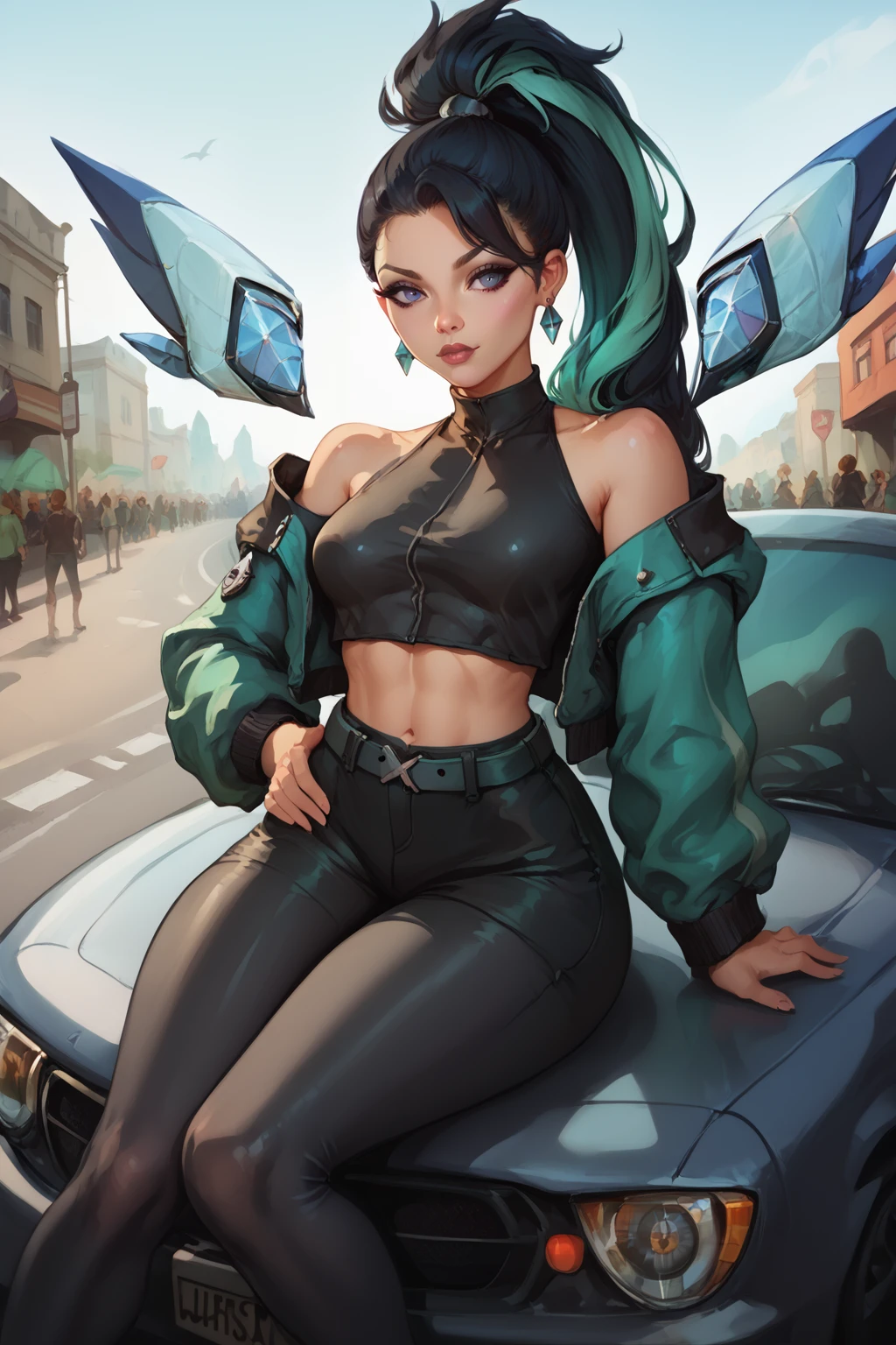 score_9, score_8_up, score_7_up, masterpiece, high quality
 <lora:KDA KaisaPony:1> Baddest, 1girl, short hair, multicolored hair, bare shoulders, off shoulder, ponytail, earrings, waistband, midriff, jacket, leather cutoff shirt, turtleneck, black legwear, detached wings
sitting on a super sports car, dark tunnel, on a road, traffic lights, crowd of people, m legs, legs up