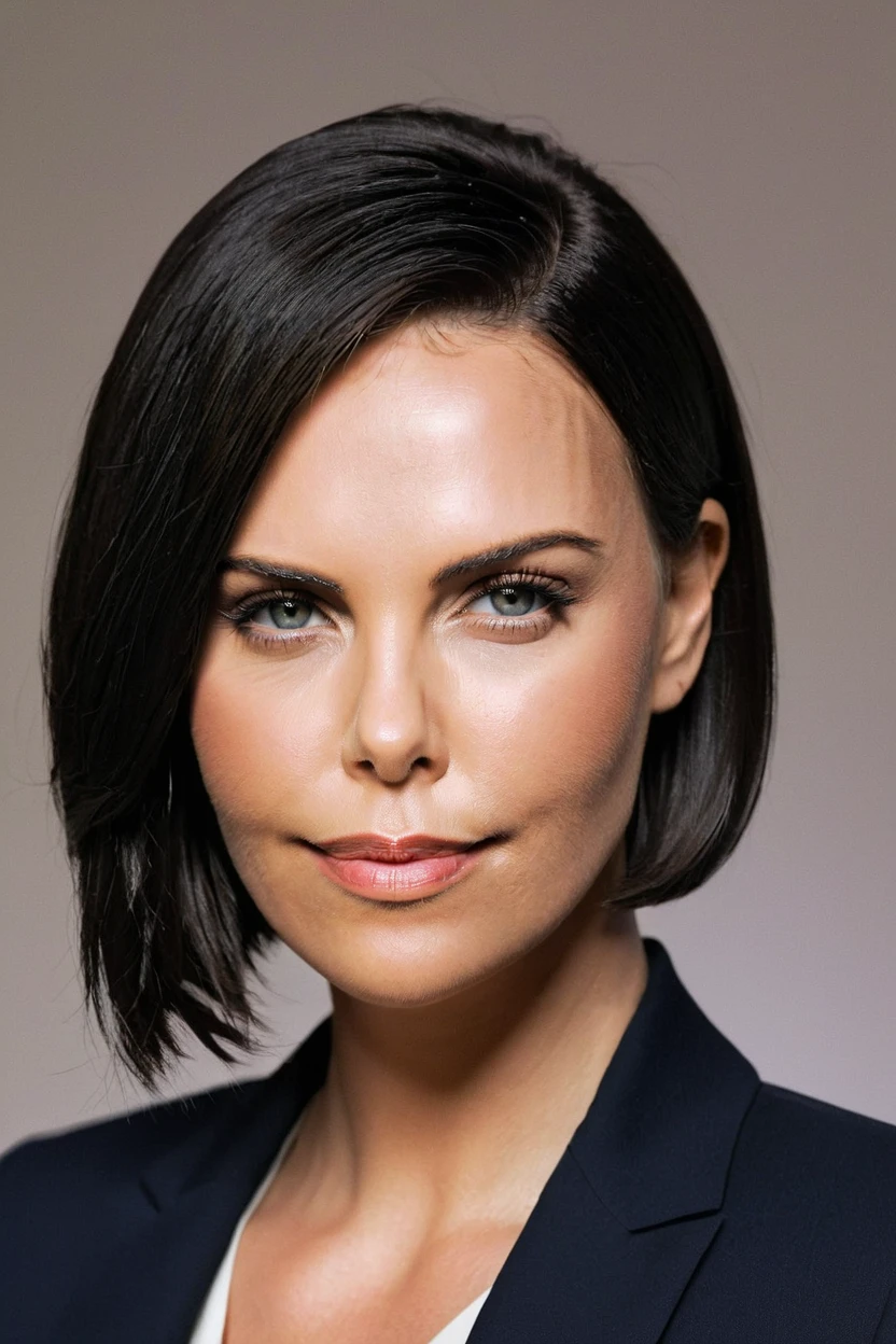candid photo of a young ohwx woman,wearing a formal suit, dark straight bob hair,natural lighting,natural skin,close up,plain background,  <lora:Charlize_Theron-000009:0.7>