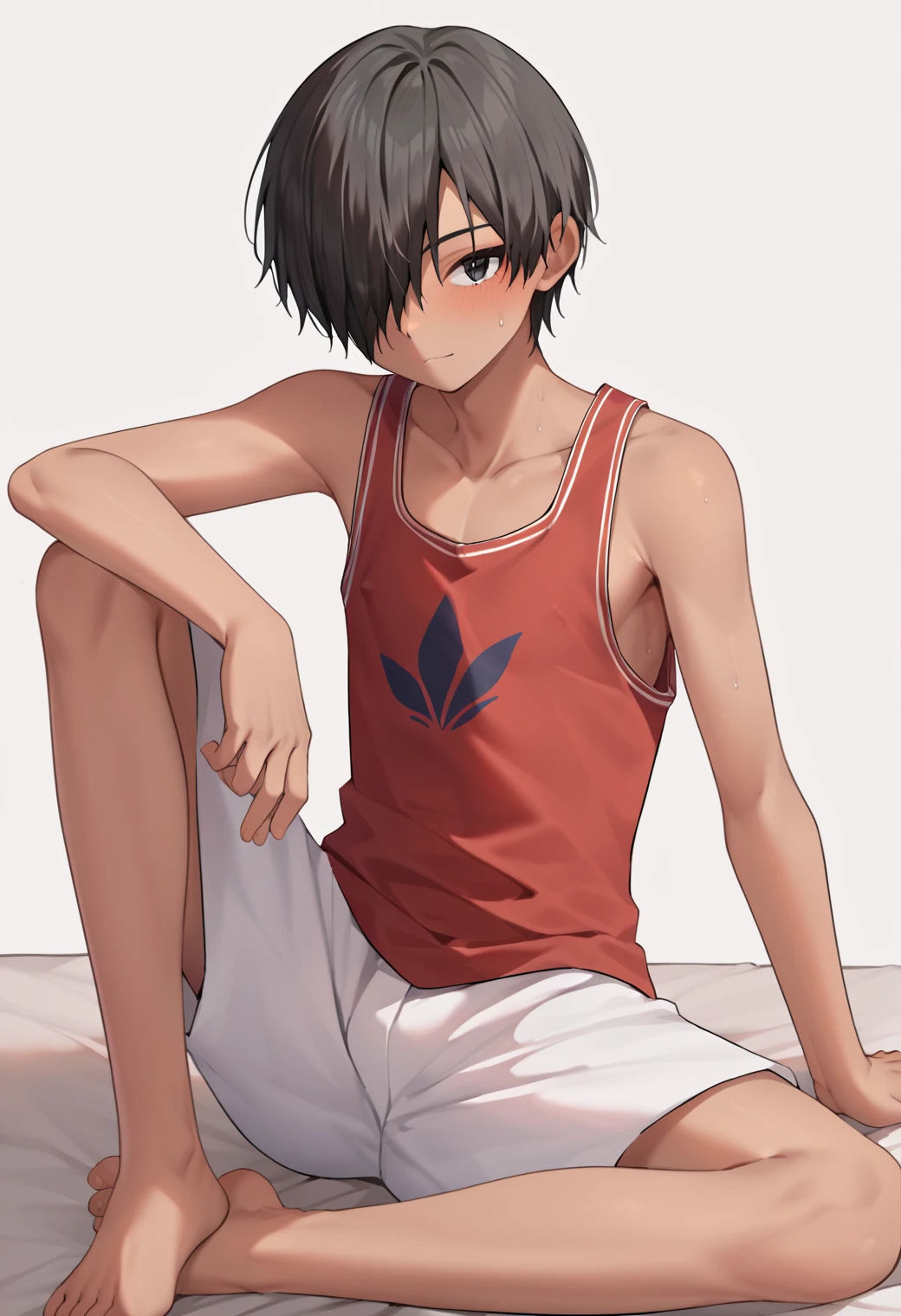 score_9_up, score_8_up, score_7_up, score_6_up, score_9, cute, 1boy, kazuma ikezawa, black hair, black eyes, red tank top, white shorts, hair over one eye, best quality, amazing quality, best aesthetic, absurdres ,source_anime, source_, score_5_up, score_4_up<lora:EMS-361293-EMS:1.000000>