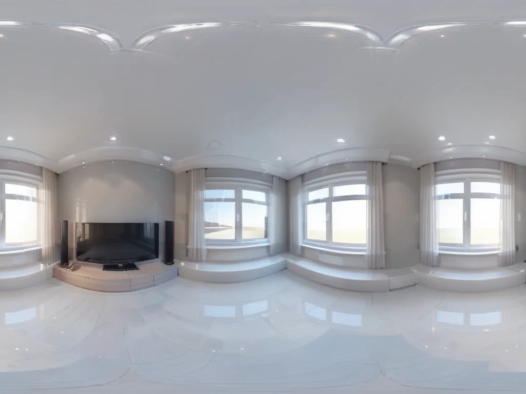 Create a realistic VR360 image depicting the interior of a room, designed to seamlessly form a closed loop when viewed from left to right. The room should be styled with modern furniture and decor, featuring a coherent design that connects the imagery on both sides of the room. The lighting should be natural, with windows providing a view outside, adding depth and realism. This image should allow for a continuous, immersive 360-degree experience when viewed in VR. <lora:sanbaro:0.8>