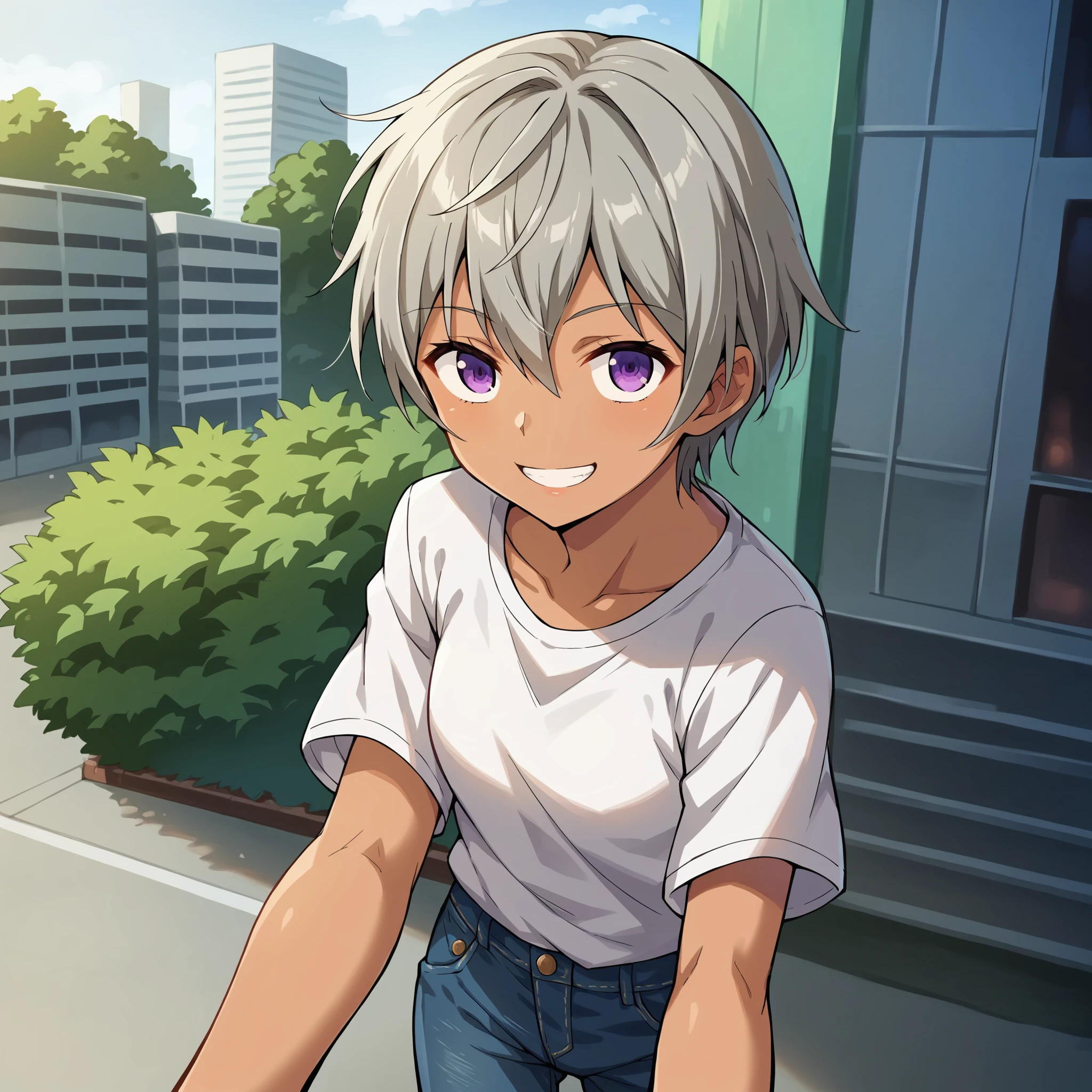 score_9, score_8_up, score_7_up, score_6_up, score_5_up, score_4_up, BREAK source_anime,POV,city,outdoor,smile,standing, <lora:Mutsuba_Asana_V1:1>Mutsuba Asana, short hair, gray hair, purple eyes, dark skin,white t-shirt,short sleeves,jeans,denim
