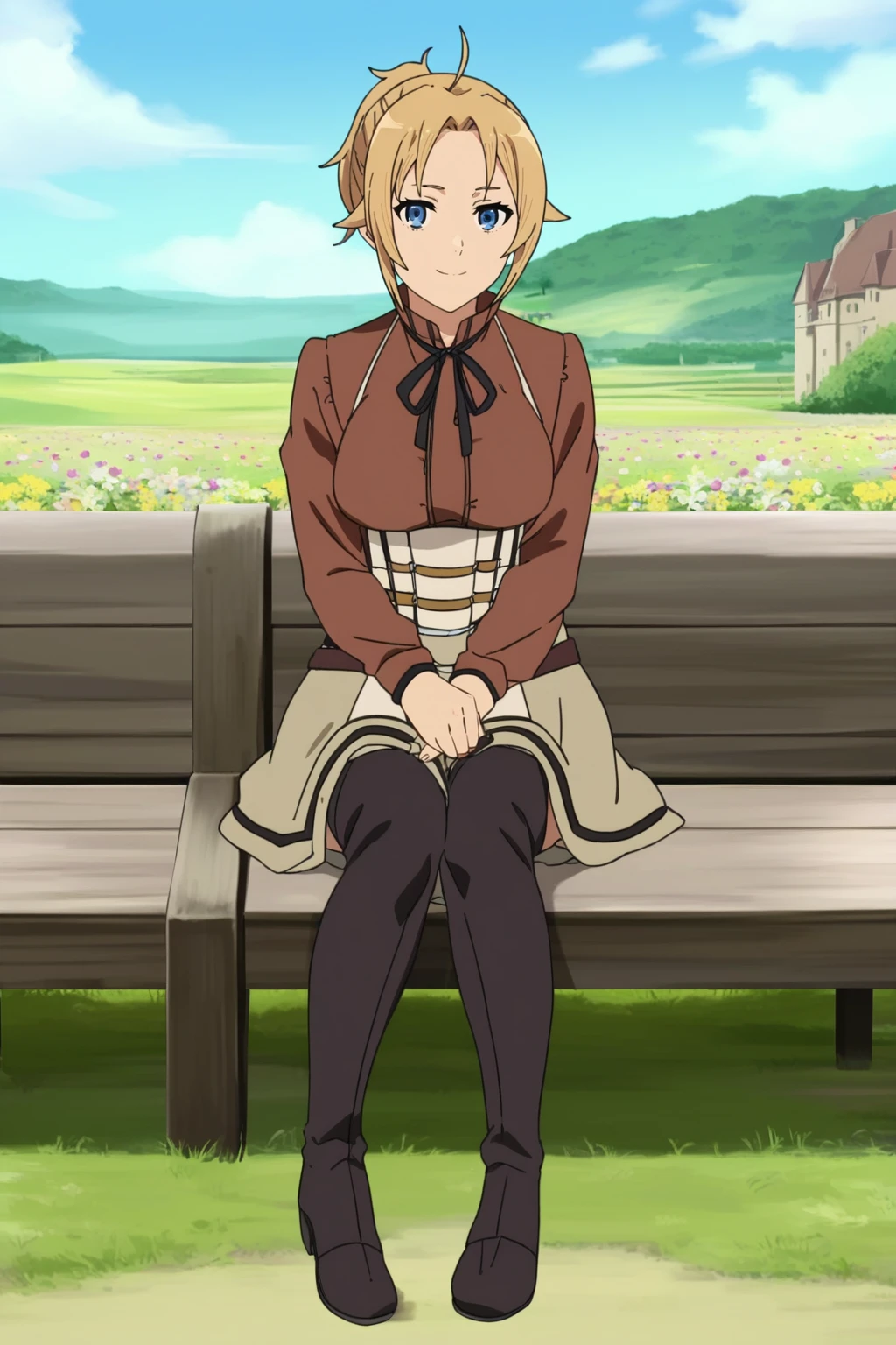 ,,,masterpiece,best quality,highres,4k,8k,intricate detail,cinematic lighting,perfect_eyes,High face detail,rating_explicit,high resolution,detailed eyes,
(score_7_up), source_anime,anime coloring,anime,(anime screencap),,zPDXL,
,,detailed background,, day, outdoors, flower field, (village), Medieval architecture, medieval.
,sitting, looking at viewer, full body, light smile, sitting on bench,
, skirt, shirt, thighhighs, long sleeves, ribbon, boots, black thighhighs, thigh boots, brown shirt,short skirt,
,,zenith greyrat,mushoku tensei, short hair, blonde hair, blue eyes, ahoge, parted bangs, short ponytail,mature female,
, <lora:Zenith_Greyrat_PonyXL_v1:0.75>