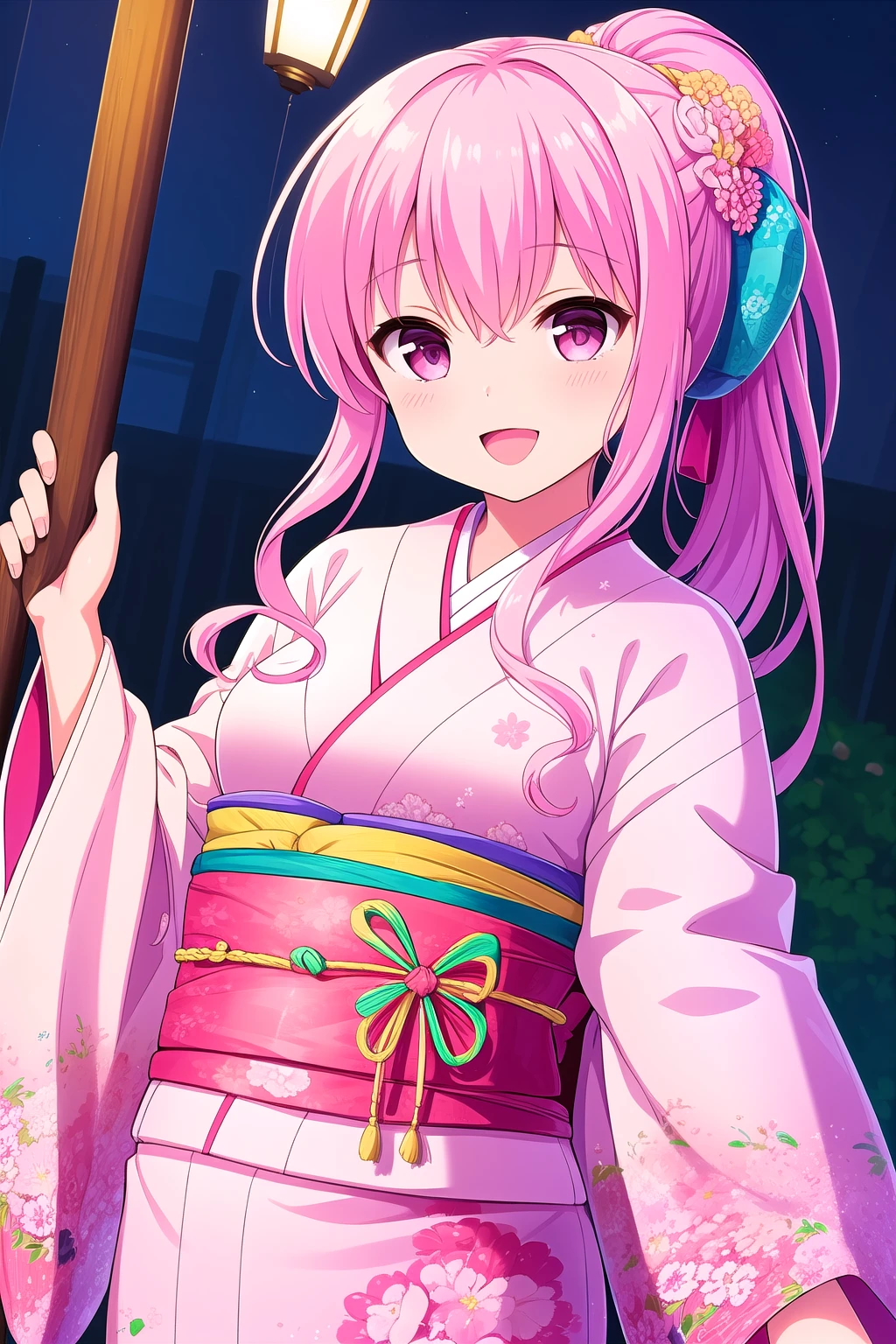 (masterpiece, best quality), highly detailed background, perfect lightingbest quality, kagamimatsuri, solo, outdoors, night, summer festival, pink hair, ponytail, hair between eyes, very long hair, pink eyes, small breasts, pink kimono, floral print, japanese clothes, smile, open mouth, :d, pink lips, <lora:Kagami-Matsuri:0.7>