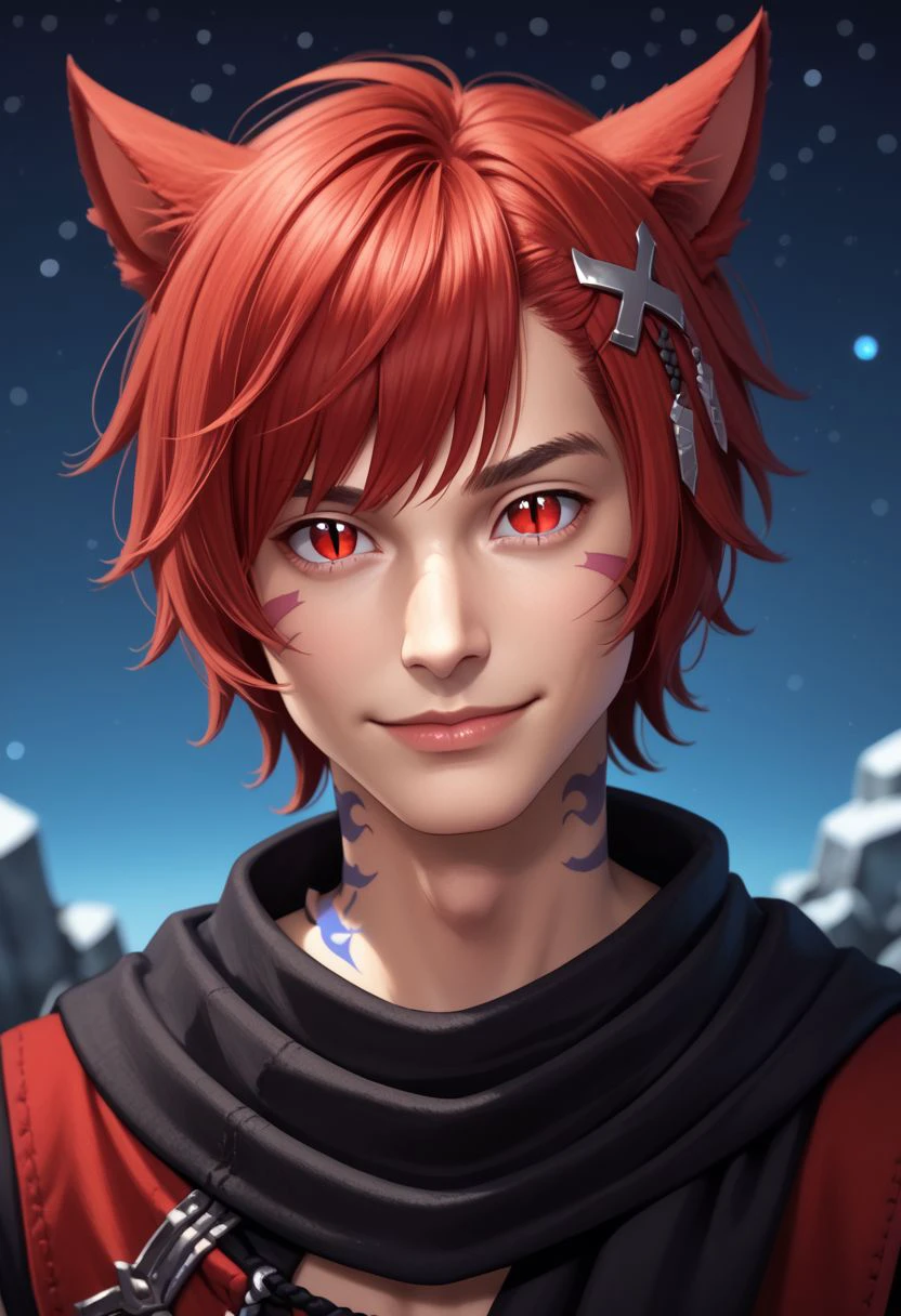 grahatiaffxivdsk, miqo'te, animal ears, solo, tattoo, 1boy, red eyes, male focus, red hair, cat ears, neck tattoo, scarf, short hair, cat boy, hair ornament, x hair ornament, slit pupils, crystal, facial mark, looking at viewer, bangs, black scarf, upper body, portrait, jewelry, depth of field, realistic, smile, outdoors, starry sky, night sky, PonyXLV6_Scores