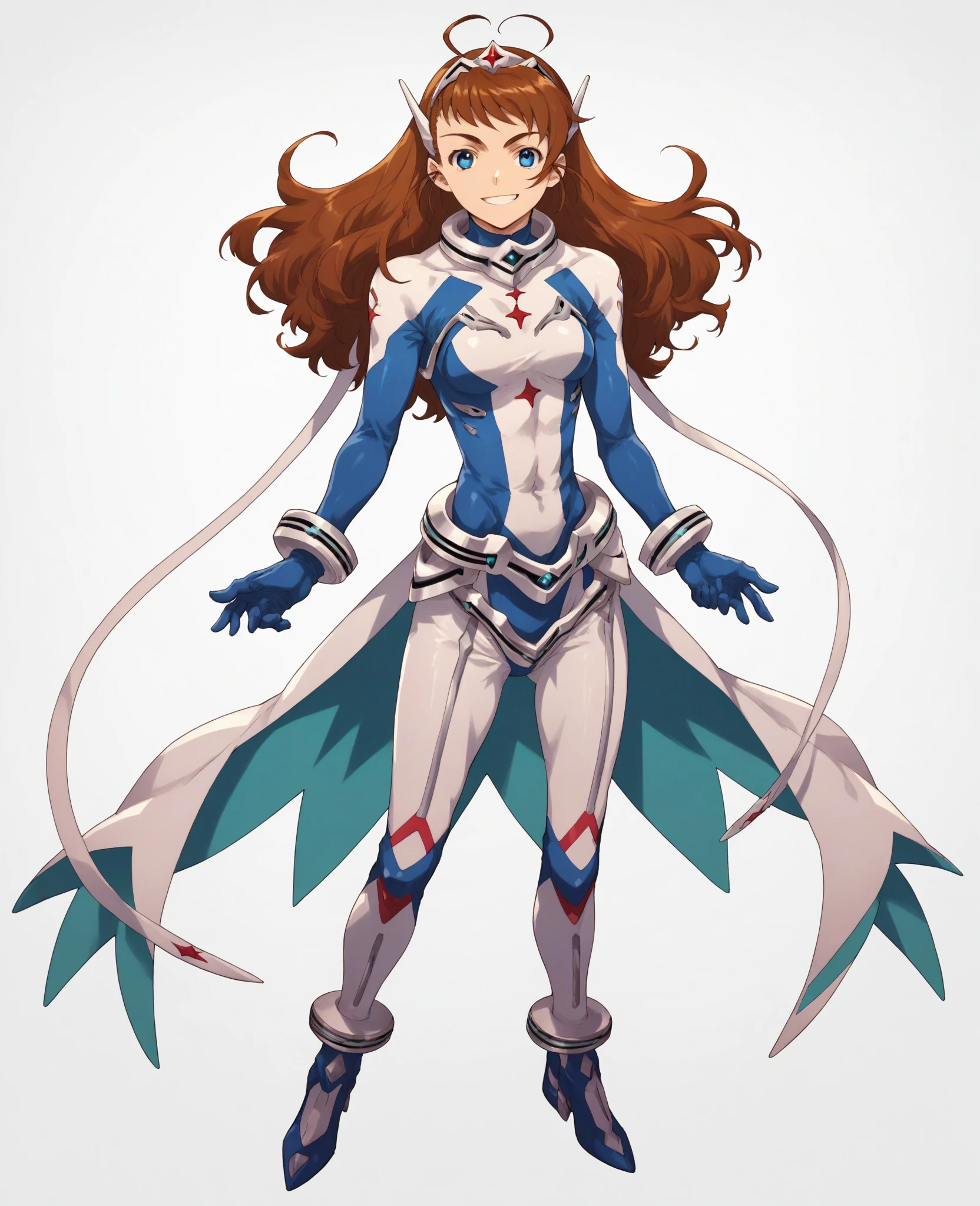 <lora:ArikaPony1.0:0.9>ArikaYumemiya, solo, brown hair, long hair,blue eyes,  white background, full body, standing, simple background, looking at viewer, bodysuit, smile, gloves,standing, looking at viewer,   score_9, score_8_up, score_7_up, score_6_up, score_5_up, score_4_up , <lora:Smooth Anime Style LoRA XL:1>