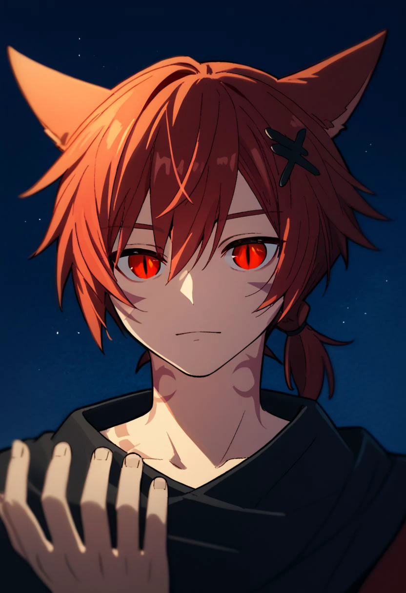 grahatiaffxivdsk, 1boy, male focus, solo, animal ears, red eyes, red hair, tattoo, miqo'te, neck tattoo, cat ears, looking at viewer, hair between eyes, facial mark, hair ornament, x hair ornament, bangs, holding, glowing, slit pupils, braid, short hair, portrait, jewelry, short ponytail, PonyXLV6_Scores zPDXL