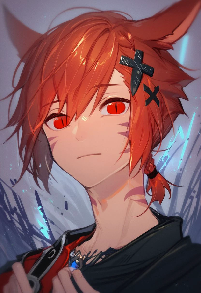 grahatiaffxivdsk, 1boy, male focus, solo, animal ears, red eyes, red hair, tattoo, miqo'te, neck tattoo, cat ears, looking at viewer, hair between eyes, facial mark, hair ornament, x hair ornament, bangs, holding, glowing, slit pupils, braid, short hair, portrait, jewelry, short ponytail, PonyXLV6_Scores zPDXL