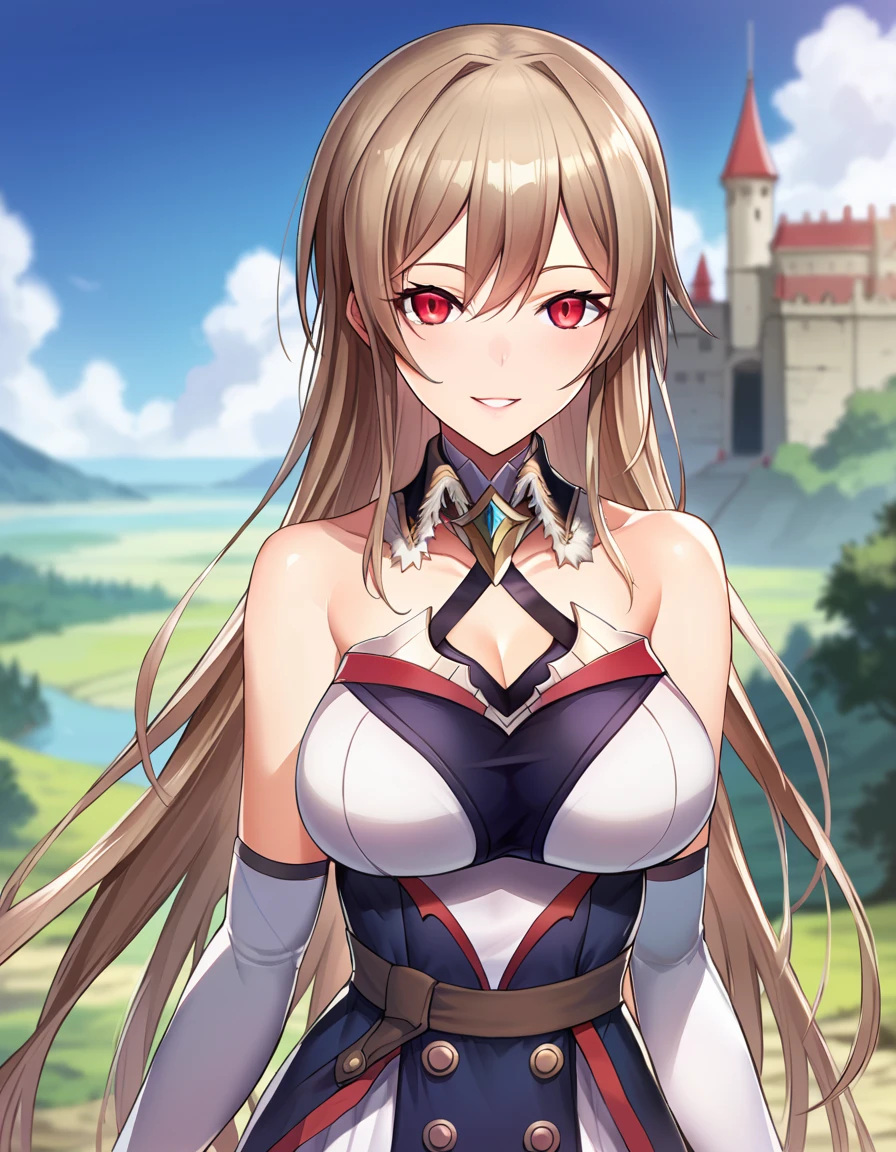 score_9, score_8_up, score_7_up, source_anime,
cinematic, dramatic, blurry background, depth of field, 
1girl, solo, standing, joyful, smile, parted lips, dynamic pose, 
outdoors, fantasy, landscape, castle,  nature,
 <lora:FurenELustario_pony_v1:0.9>
frnel, very long hair, bangs, brown hair, red eyes, hair between eyes, large breasts, 
1st costume, dress, short dress, detached collar, bare shoulders, detached sleeves,  cleavage, collarbone,  bridal gauntlets, black thighhighs, zettai ryouiki, garter straps, waist cape,