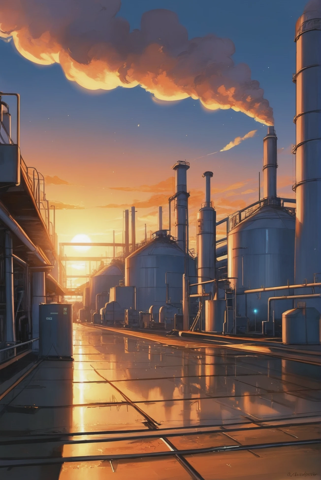 anime digital painting, morning, scenery, in a Fuel Production Facilities<lora:EnvyStarlightAnime04:1>