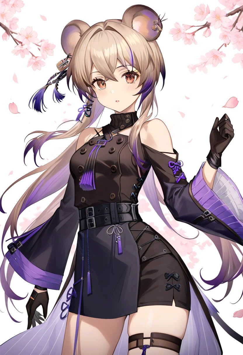 masterpiece,best quality,very aesthetic,absurdres,sensitive,1girl,solo,mouse ears,animal ears,long hair,grey hair,looking at viewer,long sleeves,cowboy shot,dress,breasts,multicolored hair,cherry blossoms,black dress,purple hair,official alternate costume,parted lips,bangs,petals,gloves,small breasts,belt,white background,very long hair,black gloves,wide sleeves,hair between eyes,mouse girl,tassel,thigh strap,shoulder cutout,brown eyes,orange eyes,jewelry,lin \(arknights\),lin yuxia,mouse girl,purple hair,arknights,lin_arknights,