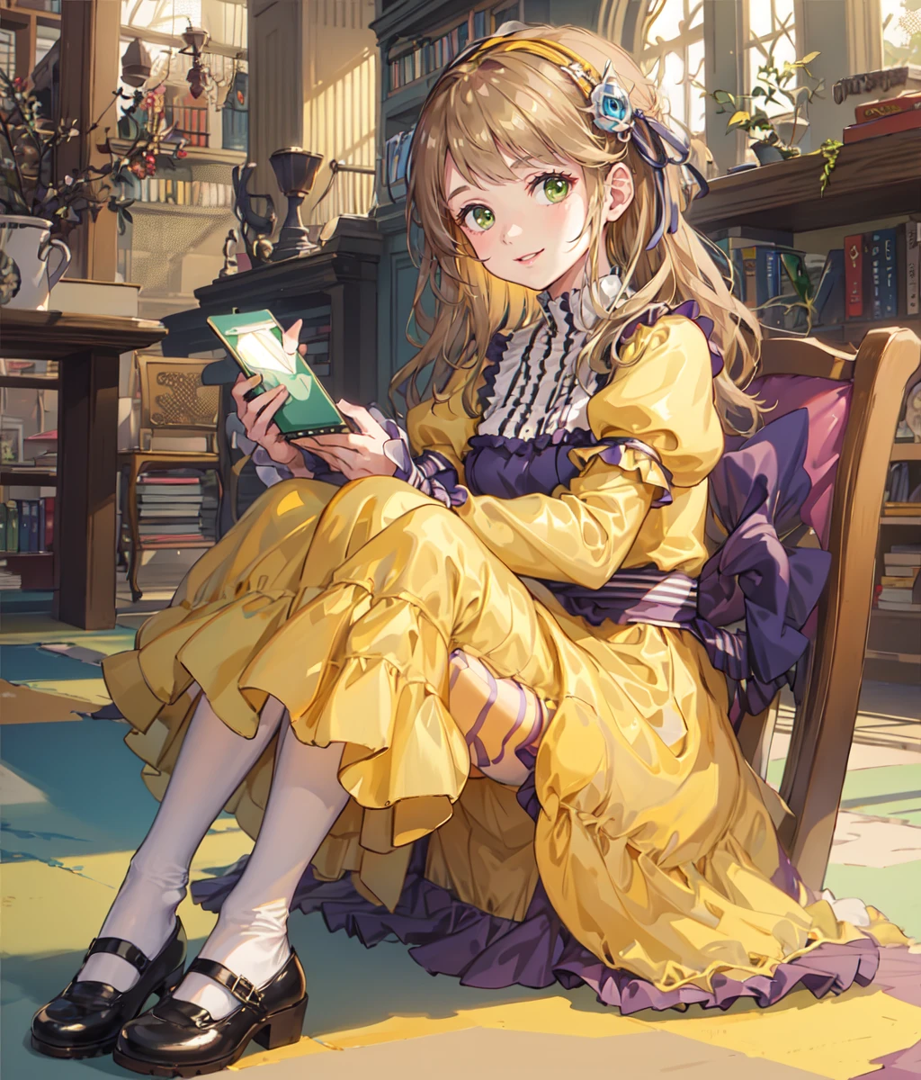 sitting, 1girl, solo, food, dress, apple, fruit, pantyhose, long hair, simple background, white pantyhose, full body, shoes, mary janes, hair ornament, long sleeves, looking at viewer, brown hair, yellow eyes, yellow dress, green eyes, ribbon, parted lips, puffy sleeves, blonde hair, black footwear, juliet sleeves, simple background, white background, chair, (sitting), smile, looking at viewer, ((indoors, library)) <lora:Perrielle:0.7>