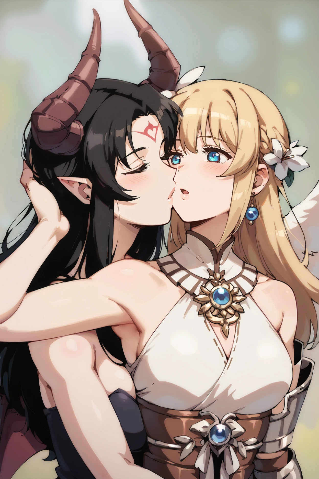 (score_9,score_8_up,score_7_up),simple background,black background,
BREAK
Vykas-lostark,2girls,demon horns,demon wings,demon girl,medium breast,strapless,blurry background,forehead mark,hugging,open eye,multiple character,kissing,french kissing,side glance,upper body,black hair,hand in hair,
BREAK
2girls,long hair,hair ornament,earrings,white dress,pauldrons,cape,necklace,belt,detached sleeves,wings,vambraces,bracelet,boots,ring,hugging,multiple character,kissing,upper body,blond,<lora:touhou_tgm:1>,<lora:Vykas-lostark:1>,<lora:NinevehPonyLora:1>,