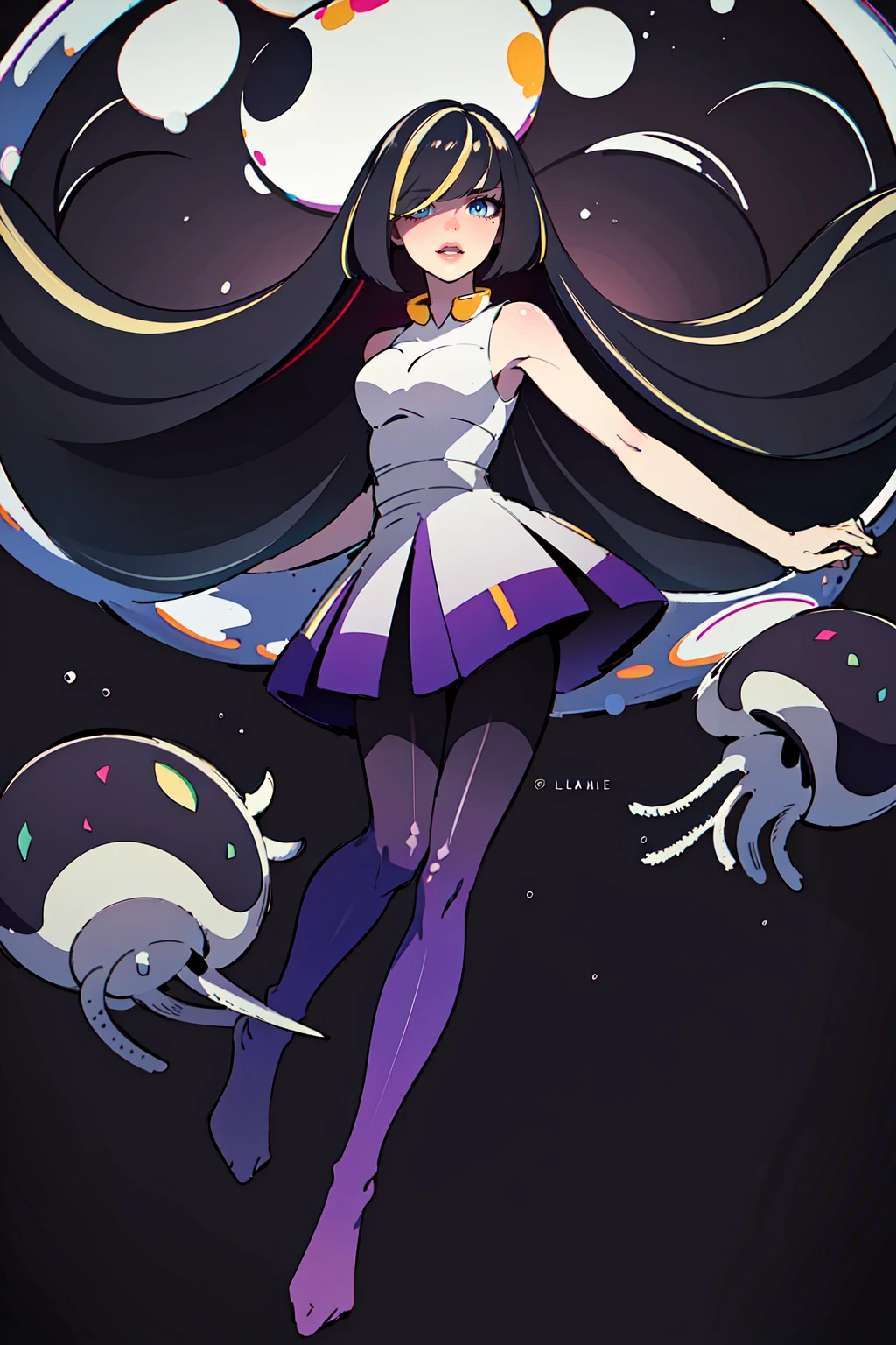 (masterpiece, perfectly detailed, detailed face, detailed eyes, beautiful eyes), highres, Nihilamine, Mother_Beast, Lusamine_Fused (pokemon), lusamine (pokemon), 1girl, sleeveless dress, hair over one eye, pokemon (creature), open mouth, smile, blonde hair, black hair, white dress, multicolored hair, streaked hair, bare arms, diamond (shape), yellow eyes, pantyhose, bangs, short dress, :d, multicolored legwear, teeth, full body, bare shoulders, looking at viewer, jellyfish, bubble<lora:EMS-352742-EMS:0.800000>