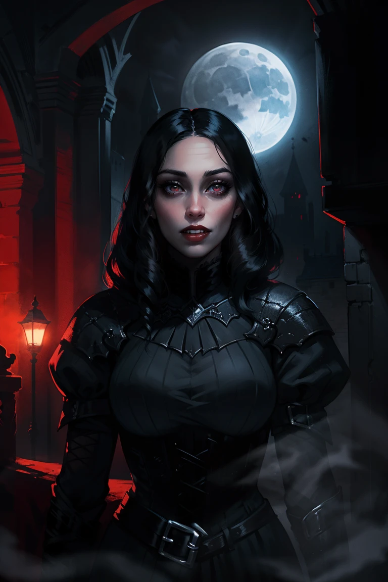 portrait of vampire queen standing in dark, black hair, no pupils, no sclera, red lips, fangs, castle indoors, moonlight, particles, night, dark scene, <lora:sxz-reeves-x:0.8> solid black, solid red, reflective, hard light, color contrast,