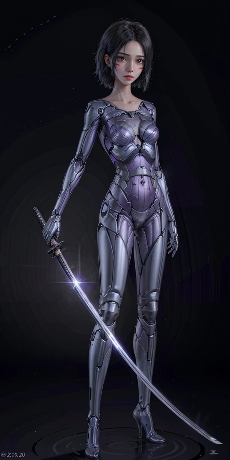katana, holding katana, cyborg, 1girl, solo, high-heels, full body, stand, purple skin, masterpiece, best quality,8k, (((In a modern office)))