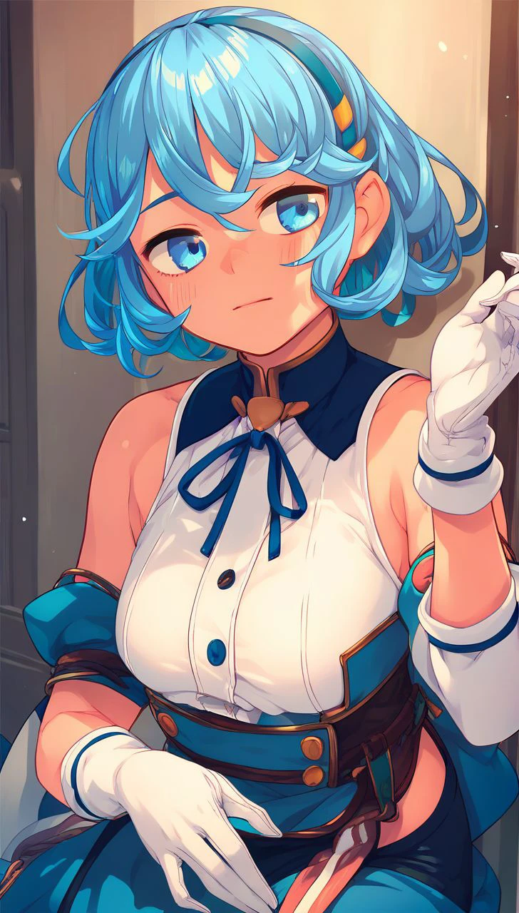 <lora:PONY_character_onabuta_ikuko:1>,onabuta_ikuko,1girl,solo,blue_eyes,blue_hair,hairband,breasts,white_gloves,, score_9, score_8_up, score_7_up, score_6_up, score_5_up, score_4_up