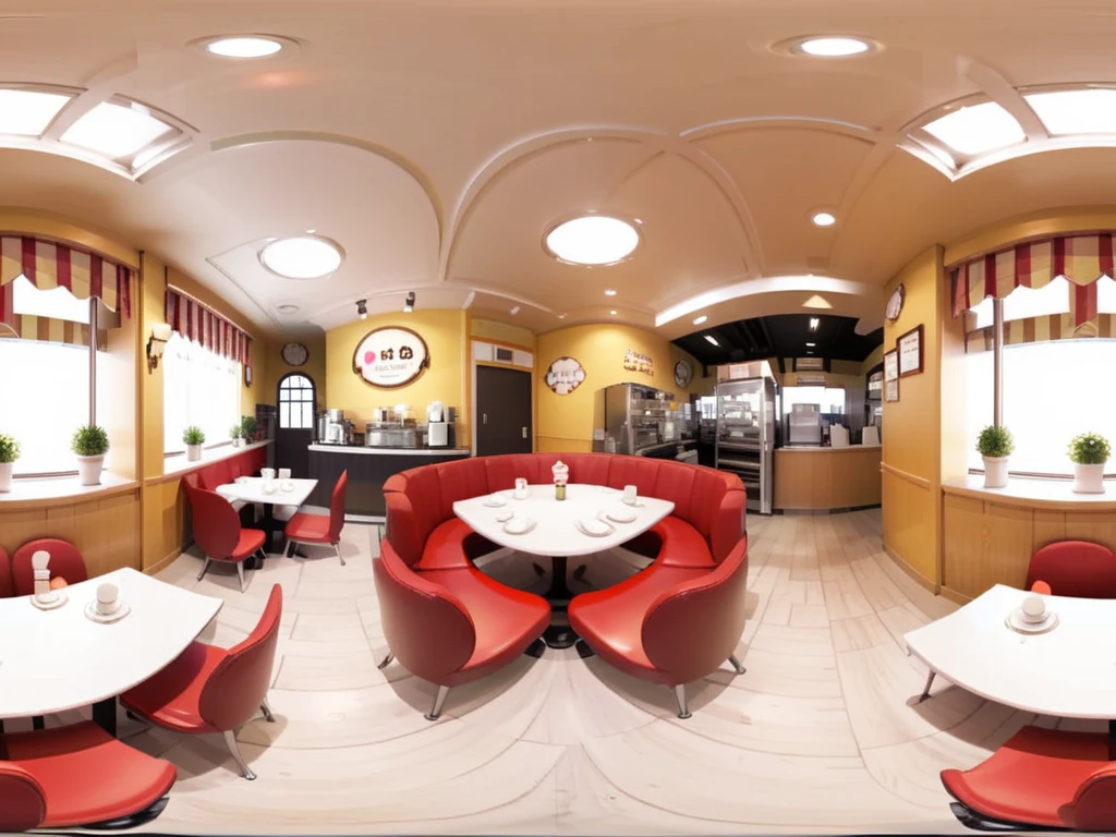 Create an anime-style VR360 image depicting a maid café. The scene should be vibrant and lively, featuring multiple tables with patrons being served by waitresses in traditional maid outfits. The interior design of the café should include cute, thematic decorations typical of a maid café, such as frilly curtains, plush furniture, and themed wall art. Ensure that the left and right sides of the image seamlessly connect to form a continuous loop, enhancing the immersive 360-degree experience. The atmosphere should be cheerful and inviting, with detailed expressions on characters to reflect a pleasant café environment. <lora:sanbaro:0.85>