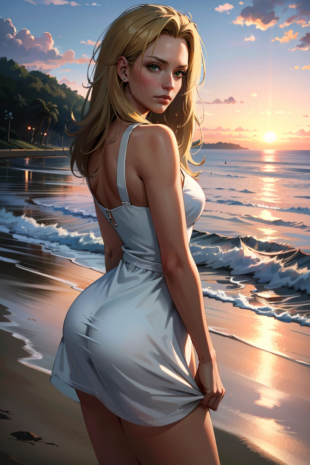 ((ultra detailed, masterpiece, absurdres))
 <lora:CPAlt:0.8>
CPAlt, 1girl, blonde hair, green eyes, on a beach during a vibrant sunset, sundress, playing with the waves