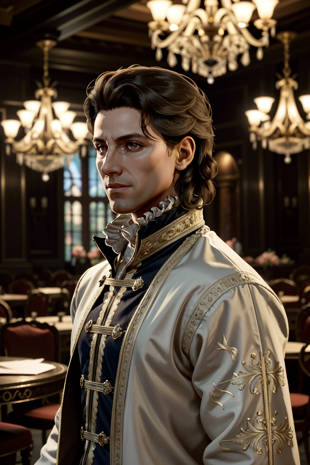 ((ultra detailed, masterpiece, absurdres))
<lora:BGRaphael:0.8>
BGRaphael, 1boy, medium hair, brown hair, brown eyes, Luxurious ballroom, crystal chandeliers, dynamic golden lighting, intricate floral patterns
