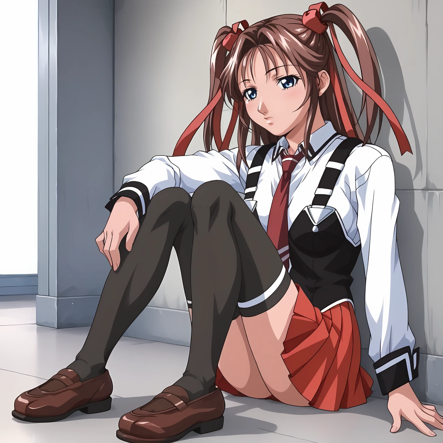 <lora:YukiToudouXLpony003>,
solo,
YukiToudou,1girl,brown hair,two -side up,hair ribbon,red ribbon,blue eyes,
school uniform,white shirt,strap,vest,red tie,
red skirt,
thighhighs,shoes,
full body,sitting,