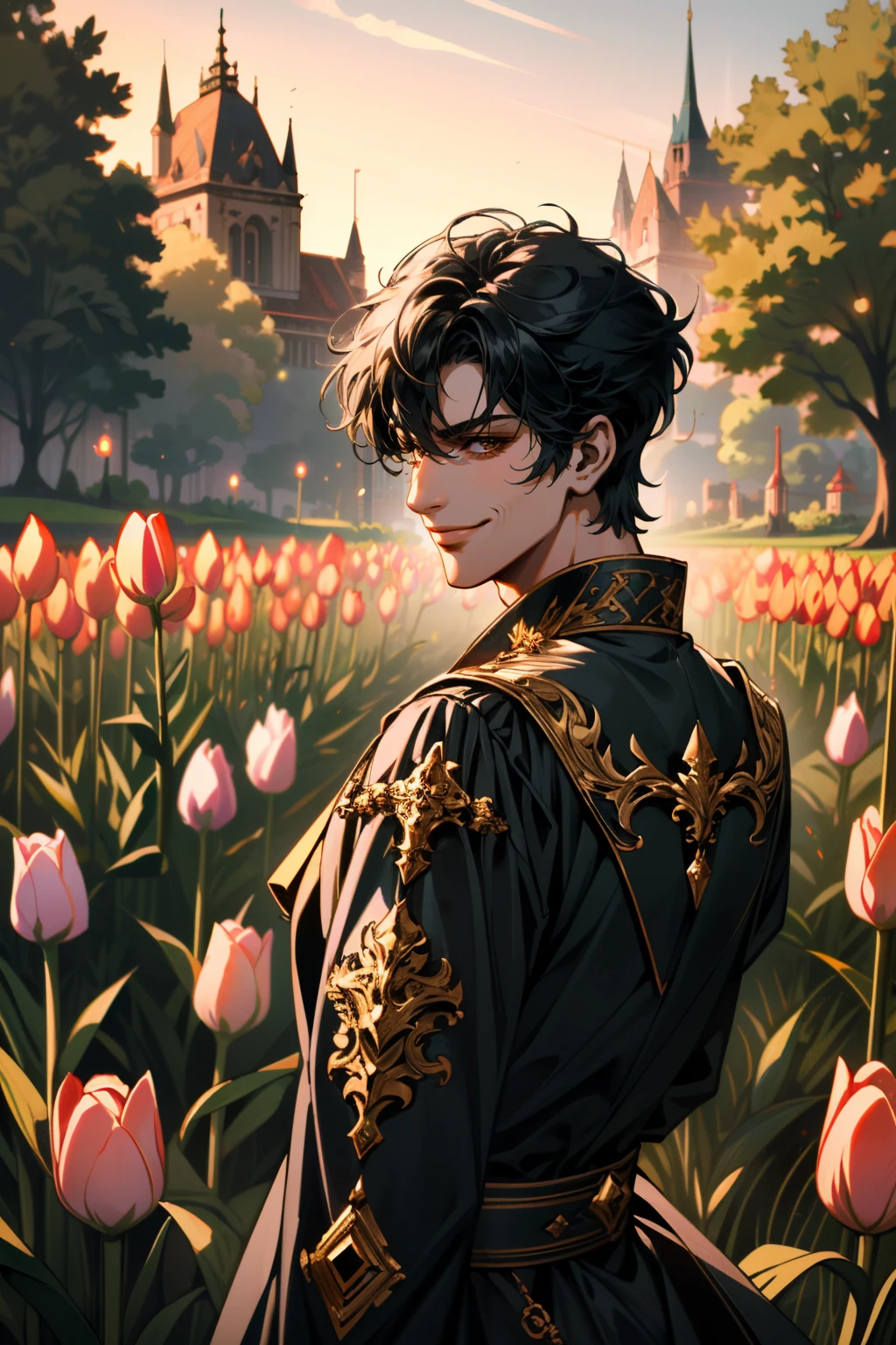 ((ultra detailed, masterpiece, absurdres))
<lora:BGGortash:0.8>
BGGortash, 1boy, short hair, black hair, in a field of tulips, golden hour, elegant dress, smiling